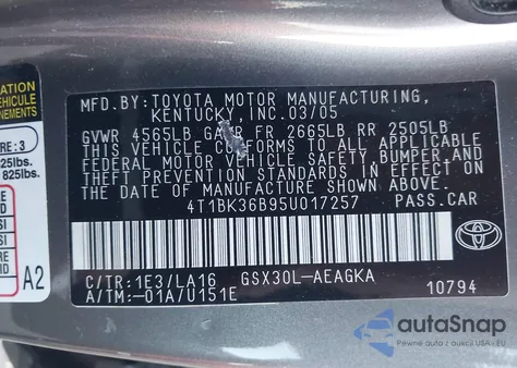 2005 Toyota Avalon Xls from USA, damaged, VIN 4T1BK36B95U017257